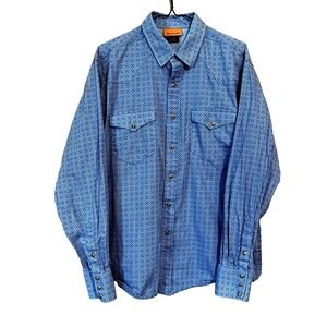 Ariat Long Sleeve Western Shirt Blue Men's L Geometric AOP Brown Pearl Snaps‎